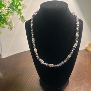 Sweet lavender, bluish, grayish, & silver tone beaded necklace w/ lobster clasp